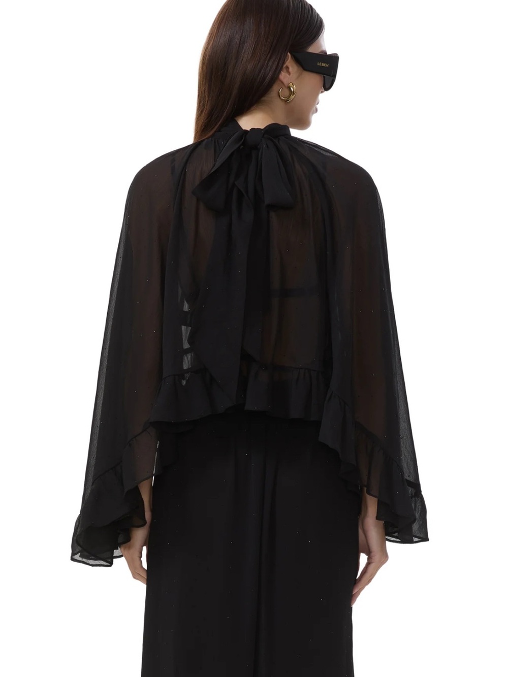 AFRM Black Sheer Ruffle High-Neck Blouse - Picture 3 of 9
